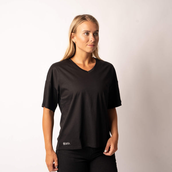 Black Recycled T-Shirt from BARA Sportswear with v-neck. 