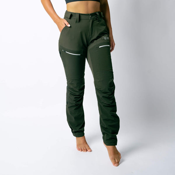 Khaki green hiking pants for women with reinforced panels from BARA Sportswear